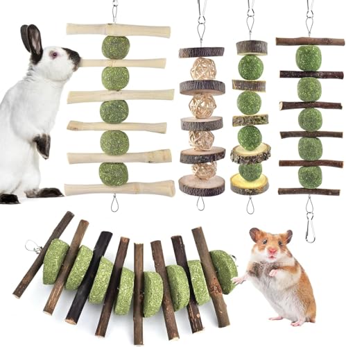 ERKOON Bunny Chew Toys, Rabbit Chew Toys for Teeth Grinding, Improve Dental Health, 100% Natural Apple Wood Timothy Grass Cake Treats for Rabbits Guinea Pigs Chinchillas Bunnies Hamsters (5 Pcs) - style: 5 Pcs