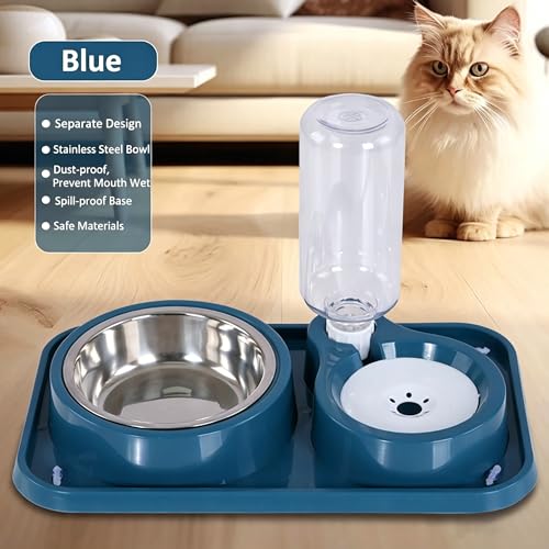 J&L VVMEET Non-Slip Dog Cat Food and Water Bowls Set with Water Dispenser | Dog Bowls Detachable Stainless Steel Bowl Gravity Pet Feeder and Waterer Set Automatic Water Refill for Cat Dog Puppy Rabbit - color: Blue, size: Water Capacity: 500ML
