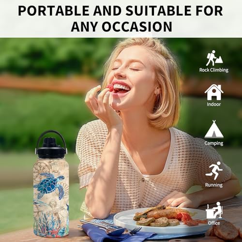 Sea Turtle 32oz Water Bottle, with Handle Lid Bottle, Coffee Cup | 32oz Stainless Steel Tumbler, Leak-proof Mug, Thanksgiving Christmas Birthday Gift for Turtles Lovers - color: Sea Turtles