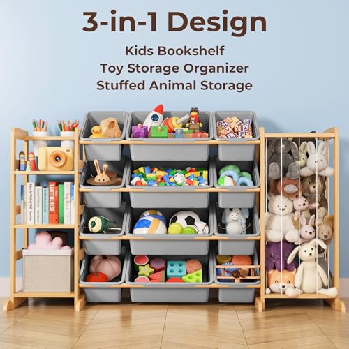 Toy Storage Organizer with Bookshelf and Stuffed Animal Storage - Kids Playroom Organization with Shelves and 12 Toy Bins - Toddler Living Room Toy Box for Lego - Nursery Bedroom Decor Essential - color: Grey, size: 55.2"W,3 Shelves,12 Bins