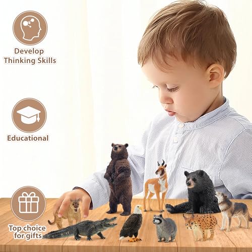 Toymany 12PCS North American Forest Animal Figurines, Realistic Jungle Zoo Animal Set Includes Moose,Cougar,Wolf,Bear,Eagle,Deer Educational Toy Cake Toppers Christmas Birthday Gift for Toddlers - style: North American Animals