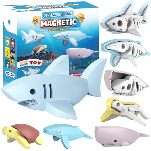 Magnetic Ocean Animals Building Toys,STEM Toddler Learning Toys 3D Puzzle Sea Animals for Boys Girls, Educational Magnetic Travel Montessori Toy Turtle Whale Shark,Unique Birthday Gift for Kids 3 4 5 - style: Ocean Animals