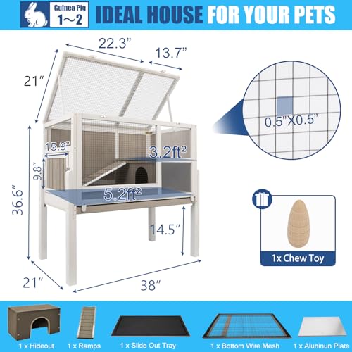 Large Wooden Guinea Pig Cage with 4 Detachable Stand Legs | Comfortable Large Living Cage, Easy Clean, Easy Assembly, Hideout, Anti-chew Ramp with Steel, Leak-proof Pull Out Tray
