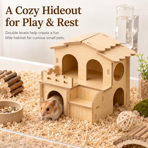 Wooden Hamster House, 2-Story Hideout with Steps and Balcony | Two-level wooden hideout and maze with rooms, steps and balcony for Syrian and dwarf hamsters, gerbils and mice