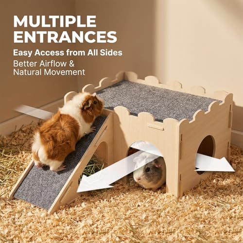 Wooden Guinea Pig Hideout with Ramp and Hay Holder | Indoor cavy house with enclosed room, multiple openings, removable fabric grips, front ramp and under-ramp hay nook - size: Large