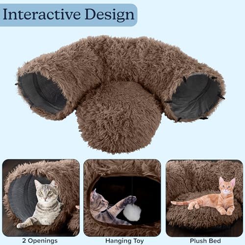 Cat Tunnel with Bed for Indoor Cats - 3FT Multifunctional Cat Tunnel Bed with Toys - Soft, Plush Peekaboo Cat Cave for Kittens, Cats, Ferrets, and Rabbits - Cat Products by PETMAKER (Brown)