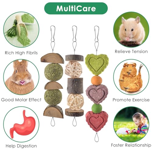 KATUMO Rabbit Chew Toys, Bunny Treats Chew Toys for Small Animals | Strung Hanging Toys for Teeth, Natural Apple Wood Sweet Bamboo Grass Timothy Sticks for Guinea Pig, Hamster, Chinchilla