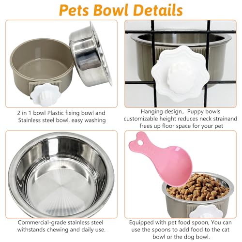 Hamiledyi Crate Dog Bowl Cat 2 Pcs Removable Stainless Steel Hanging No Spill Pet Bowl for Kennels Durable Detachable Design Fits Small Medium Dog Cages (Grey - color: Grey