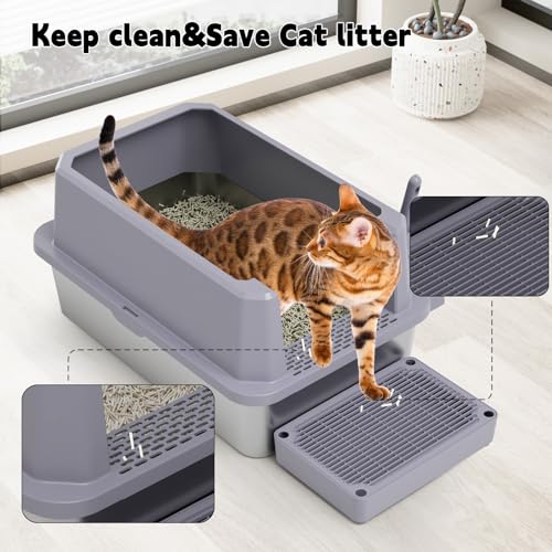 RIZZARI Open Cat Litter Box: Stainless, High Sided, Easy Clean | Spacious for Large Cats / 304 Stainless Anti-Odor / 6.5" Splash Guard / Leak-Proof Seams / Apartments & Laundry - color: Cool Gray