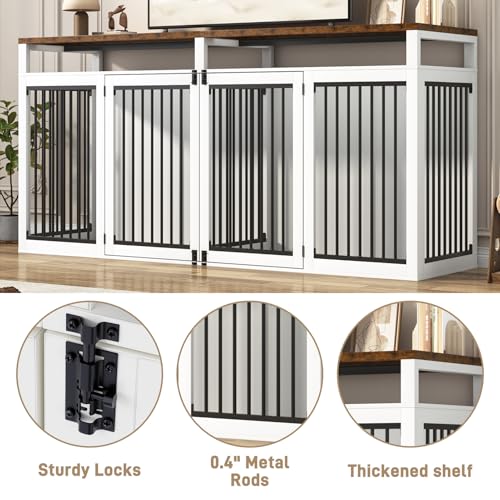 87In Farmhouse Dog Crate TV Stand, Wooden Dog Kennel Furniture with 2 Doors, Large Dog Crate Furniture for 2 Dogs, Solid Metal Tube & 4 Lockable Doors, White - color: White