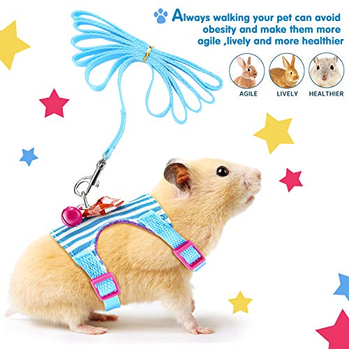 2 Pieces Hamster Harness and Leash Set for Walking, Small Guinea Pig Clothes with Bowknot Bell, No Pulling Comfort Padded Vest Striped for Guinea Pig Hamster Ferret, Small Animals (Blue, Black,S) - color: Blue, Black, size: S