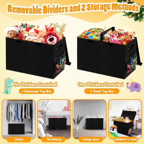 Large Toy Storage Box with Lid, Dividers, Collapsible Kids Toy Chest, Black | Toy Box for Boys, Girls, Nursery, Bedroom, Living Room, Playroom, 25 x 13 x 16 inches - color: Large Black
