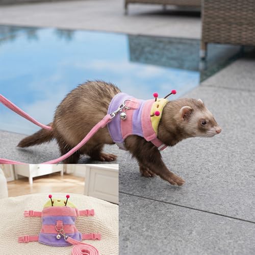 Adjustable Caterpillar Premium Plush Harness&Leaf Set – Soft Restriction-Free Vest for Ferrets,Guinea Pigs, Lizards, Rabbits,Squirrel, Kittens,Teacup Chihuahuas, Puppies|Safety Bell(Caterpillar-Pink) - color: Caterpillar-Pink