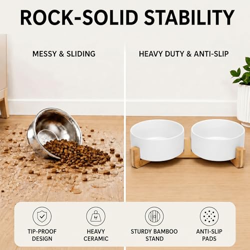 SPUNKYJUNKY Ceramic Dog and Cat Bowl with Wood Stand Non-Slip Matte Glaze Weighted Food Water Set for Cat Medium Dog 28.7 OZ - color: White × 2, size: 3.6 cups