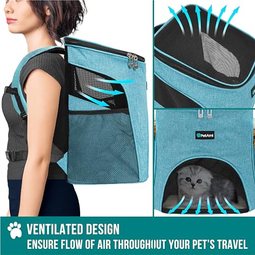 PetAmi Cat Backpack Carrier, Airline Approved Pet Carrier Backpack for Small Dogs and Large Cats, Soft Sided Collapsible Ventilated with Sherpa Bed for Hiking Travel, Max 18 lbs, Sea Blue - color: Sea Blue