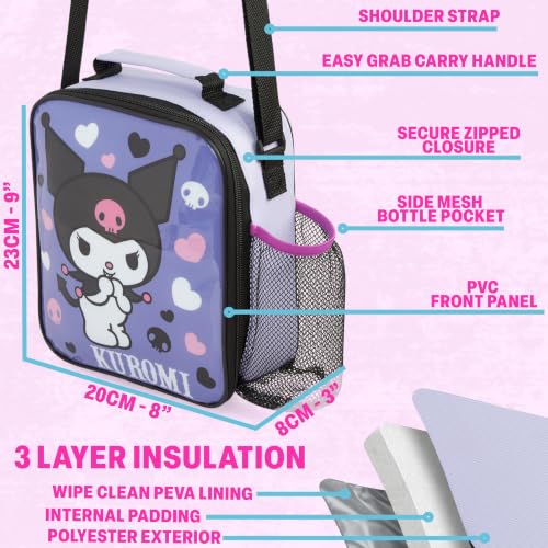 Get Trend Kuromi Girls Lunch Box 3Pc Set | Kids Insulated Lunch Bag with BPA-Free Water Bottle and Bento Box, Back to School Kawaii Gifts for Girls - color: Black/Purple Kuromi