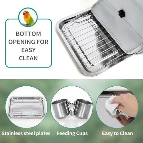 Bird Carrier Bag, Bird Travel Cage with Standing Perch and Indestructible Stainless Steel Mesh, Protable Transparent Breathable Carrier with Feeder Cups for Small Birds Parrot Parakeet, Grey - size: 16.0"L x 13.0"W x 10.0"H