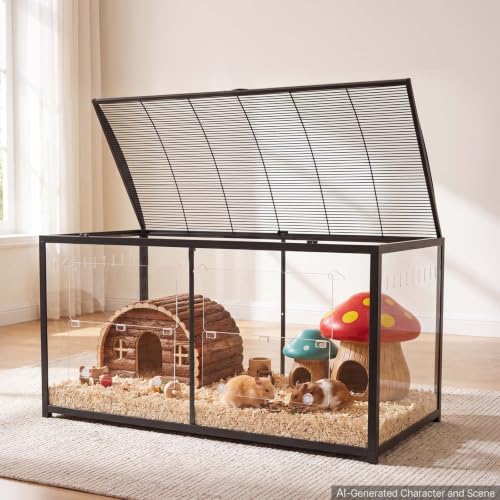 VEVOR Hamster Cage 47.2"x23.6"x25.4" 360° Viewing Metal Hamster Habitat, Transparent Small Animal Cage with Top Access & Front Door, Large Portable Pet House for Guinea Pig, Gerbil (7.7 ft², Black) - size: 47.2"L x 23.6"W x 25.4"H