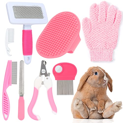 VCZONE Pink Small Animal Grooming Kit with Nail Clipper, Flea Comb, Shampoo Brush, Slicker Brush, Massage Glove for Rabbits - color: Pink
