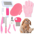 VCZONE Pink Small Animal Grooming Kit with Nail Clipper, Flea Comb, Shampoo Brush, Slicker Brush, Massage Glove for Rabbits - color: Pink
