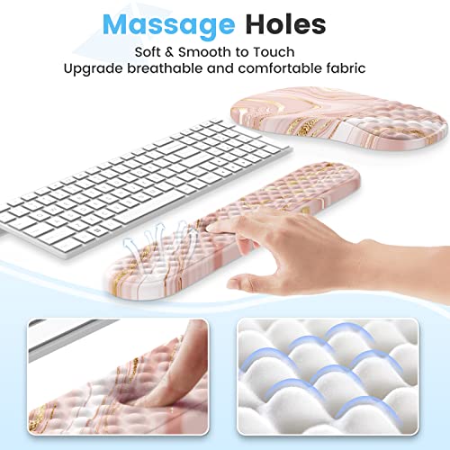 HAOCOO Ergonomic Keyboard Wrist Rest & Mouse Pad Set, Rose Gold Pink | Memory Foam Wrist Support, Ergonomic Keyboard Rest, Smooth Mouse Pad Surface, Non-Slip PU Base, Matching Coaster Set - color: Marble Rose Gold Pink Fluid