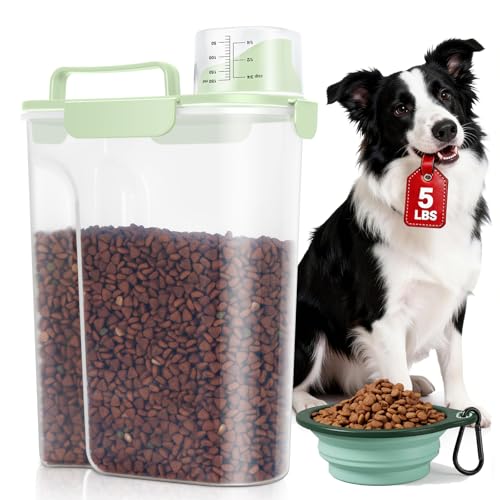 TBMax Travel Dog Food Storage Container 5 lbs with Dog Bowl, Airtight Pet Cat Food Storage Dispenser with Large Spout & Measuring Cup for Kibble Dog Treat Bird Seed Container -Green - color: Green 6Qt