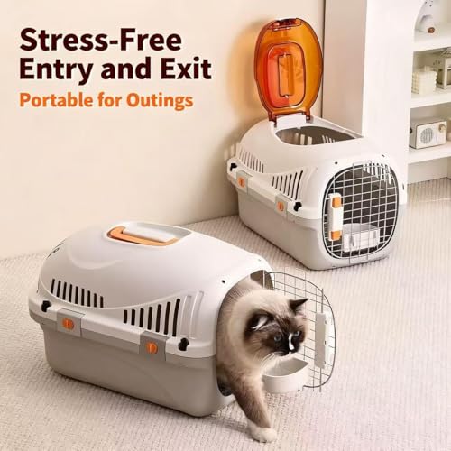 Hard Cat Carrier for Large Cats up to 20 lbs, Top Loading Plastic Pet Travel Kennel with Hard Shell, Metal Wire Door, Roof Petting Hatch and 360 Ventilation,Includes Feather Wand(Gray Set) - color: gray set