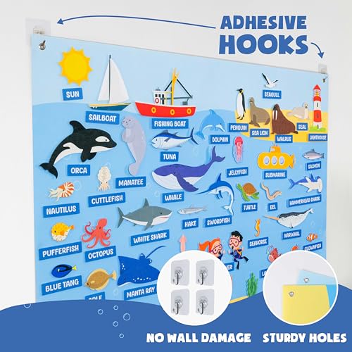 BONNYCO Felt Board for Toddlers with 107 Sea Animals Figures. Montessori and Sensory Toys, Birthday Gifts for Kids 3-8 Years Old. Educational Games, Learning Activities, Christmas - style: Ocean