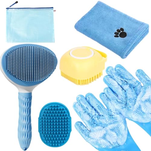 Bath Grooming Kit with Hair Brush, Towel & Scrubber Gloves - 6-in-1 Slicker Brush for Shedding Dogs & Cats, Blue - color: 6-Bath-Blue