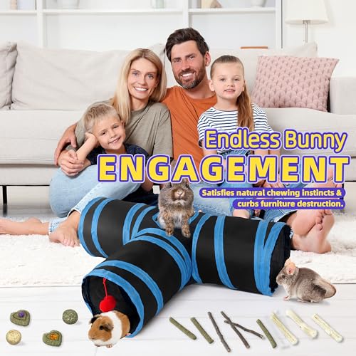 Bunny Tunnels & Tubes Collapsible 3 Way Rabbit Hideout with 13pcs Toys for Bunny Guinea Pig Hamster Chinchilla Hedgehog Rat Ferret Kitten (BK&BU) - color: BK&BU