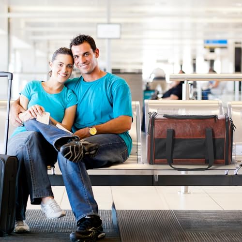 Fashion Dog Carrier Pet Carrier Airline Approved Cat Carrier for Small Dogs Cats Under 15 Lbs, Vegan Leather Collapsible Soft Sided Travel Puppy Carrier - color: Saddle Brown