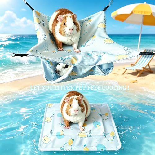 SEIS 2PCS Cooling Small Pet Hammock & Mat Set, Ice Silk Summer Cage Hanging Bed for Guinea Pig Hamster Chinchilla Rabbit, Cute Strawberry Lemon Print Breathable Pet Rest Bed (Blue) - color: Blue