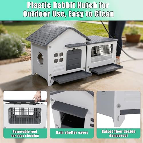 Rabbit Hutch Indoor & Outdoor with Extended Play Area, Plastic Rabbit Hutch with Sloped Roof Drainage, Panoramic Windows, Urine Barrier & Pull-Out Tray, Rabbit Cage with Run Easy to Clean and Assemble - size: 45"L*20"W*27"H