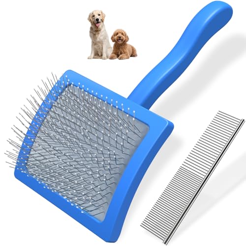 2PCS Slicker Brush for Dogs & Pet Comb,Professional Dog Grooming Brush (Goldendoodles,Poodles,Labradoodles) with Extra Long Pins to Effectively Remove Tangles, Knots and Mats (Blue, Gentle Large) - color: Blue, size: Gentle Large