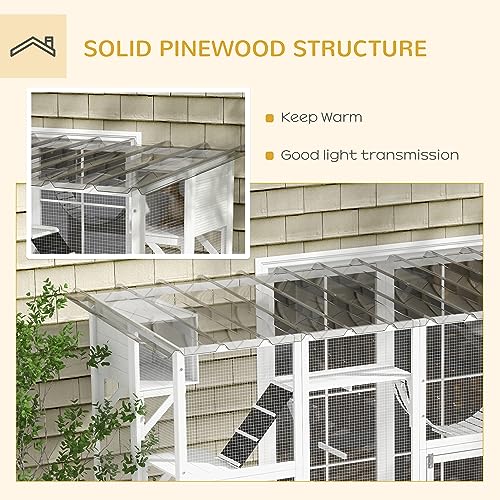 PawHut Catio Outdoor Cat Enclosure Window, 118" x 37.5" x 74", White | Outdoor Cat House, Weather Protection Roof, for Multiple Kitties, Wooden Frame, Shelves & Bridges - color: White