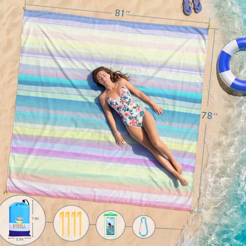 BYDOLL Beach Blanket Waterproof Sandproof,78''X81''/78''X110'' Large Sand Free Oversized Lightweight Sand Resistant Blanket, Picnic Mat for Beach Travel Camping Hiking Essentials - color: Rainbow, size: 78''X81"