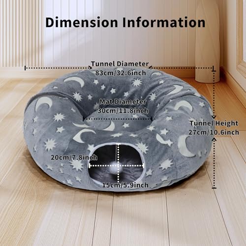 Cat Tunnel Bed for Indoor Cats with Washable Cushion Cat Cave Donut Tunnel with Fluffy Ball Big Round Tube Pet Playground Toys Soft Plush Peekaboo for Kitten, Cat, Puppy, Rabbit, Ferret（Moon Star） - color: Moon Star