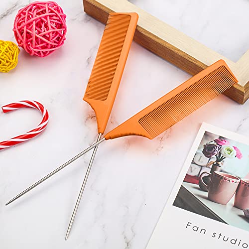 Leinuosen 3 Pack Rat Tail Comb Carbon Fiber,Orange | Steel Pin Tail for Sectioning, Heat Resistant Teasing, Pick Comb for Women Wig Styling, Fishtail Design for Salon Updos - color: Orange