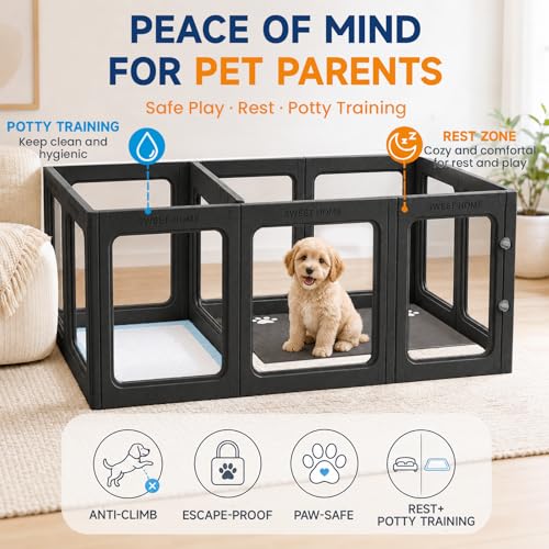 Acrylic Dog Playpen with Toilet, Clear Puppy Play Pen Indoor Puppy Play Pen Tool-Free Assembly Detachable Pet Fence Kennel for Small Dog, Cat, Rabbit (24 Inch, 12 Panels, Black) - color: Black