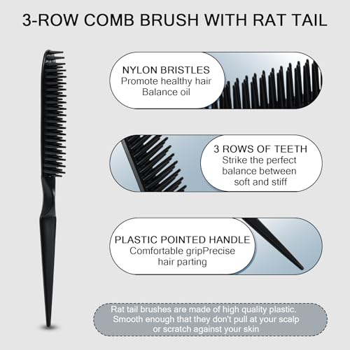 SIMPOR 3 Row Hair Comb for Natural Detangling Curly, Hair Styling Brush, Nylon Bristle Unbraider Teasing Rat Tail Comb for Women Men Black - color: Black