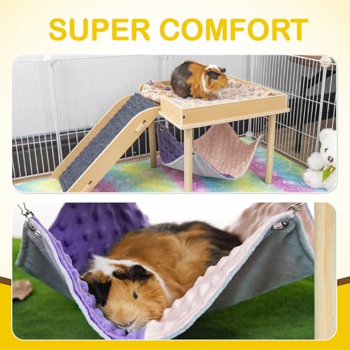 BESNEW Enlarged Guinea Pig Hammock with Platform and Stairs,Wooden Small Animal Hideout for Guinea Pigs Bunny Ferret Hamster Hiding Sleeping Activities(Single) - style: Hammock with ramp