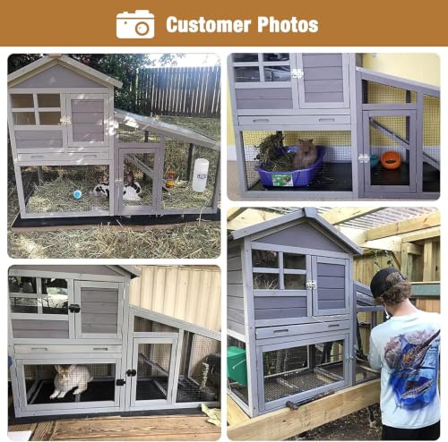 GUTINNEEN Rabbit Hutch for Outdoor Indoor Use, Bunny Cage with PVC Layer and Bottom Wire Netting, Wooden Chicken Coop Rabbit House with UV Roof, Leakproof Tray, Run