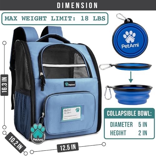 PetAmi Dog Backpack Carrier Airline Approved Cat Pet Puppy Bag, Light Blue | Ideal for Small Medium Large Pet up to 18 lb, 2 Side Entry Structured No-Collapse Frame, Ventilated Bookbag for Hiking Travel - color: Light Blue