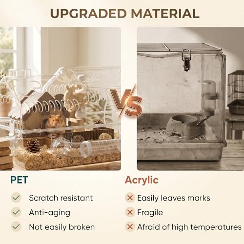 PawHut 8 in 1 PET Hamster Cage 21.5 x 11.8 x 12.6 Inches | Dwarf Hamster Cage, Large Wheel and Hideout, Small Animal Habitat, Accessories, Clear Pet House