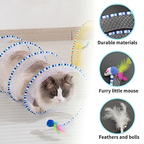 Andiker Cat Tunnel Toy, 10inch Collapsible Metal Cat Spring Toy with Nylon Mesh, Feather, Mouse, and Bell, Interactive Cat Toys for Indoor Cats to Scratch, Puzzle, Relax and Kill Time (Yellow) - color: Yellow
