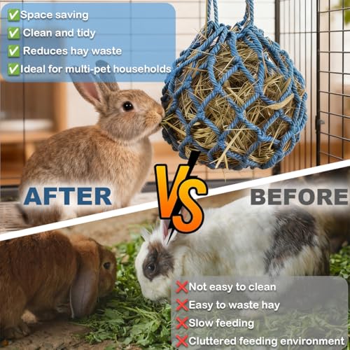 2Pcs Rabbit Hay Feeder Mesh Bags 13.5x11 Inch High-Capacity Hanging Bunny Hay Feeder for Guinea Pig Hamster Chinchilla Gerbils Small Pets and Animals Cage Accessories Supplies - color: Blue&Cofee
