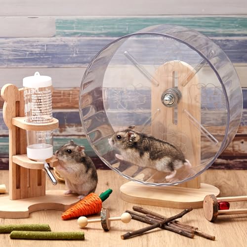 Silent Transparent Hamster Wheel with Cork Lining, 9.5 Inch Quiet Exercise Wheel for Dwarf Syrian Hamsters, Gerbils, Stable Small Animal Spinner Cage Accessories with Water Bottle Stand(M) - size: M, 9.5 Inch, style: Transparent