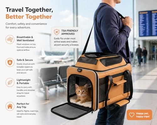 Cat Carrier Dog Carrier Airline Approved, Pet Carrier for 2 Cats Small Medium Dogs, Soft Cat Carrier 18x15x15 with Foldable Bowl & Washable Pad, TSA Approved Dog Carriers by Luniko Shop (Orange) - color: Orange