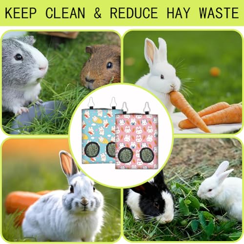 2Pcs 2 Styles Hanging Rabbit Hay Feeder Bag 11.6 x 9.1 Inch Bunny Hay Feeder Pink Blue Cute Cartoon Design Cloth Washable Feeding Holders with 2 Holes for Guinea Pig Chinchillas Hamsters - color: Rabbit