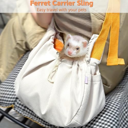 Ferret Sling Carrier - Pet Carrying Bag with Adjustable Strap Hands Free Shoulder Bag Crossbody Travel Slings Soft Small Animal Bonding Pouch Front Backpack for Ferret Rabbit Puppy Kitten (Beige) - color: Beige